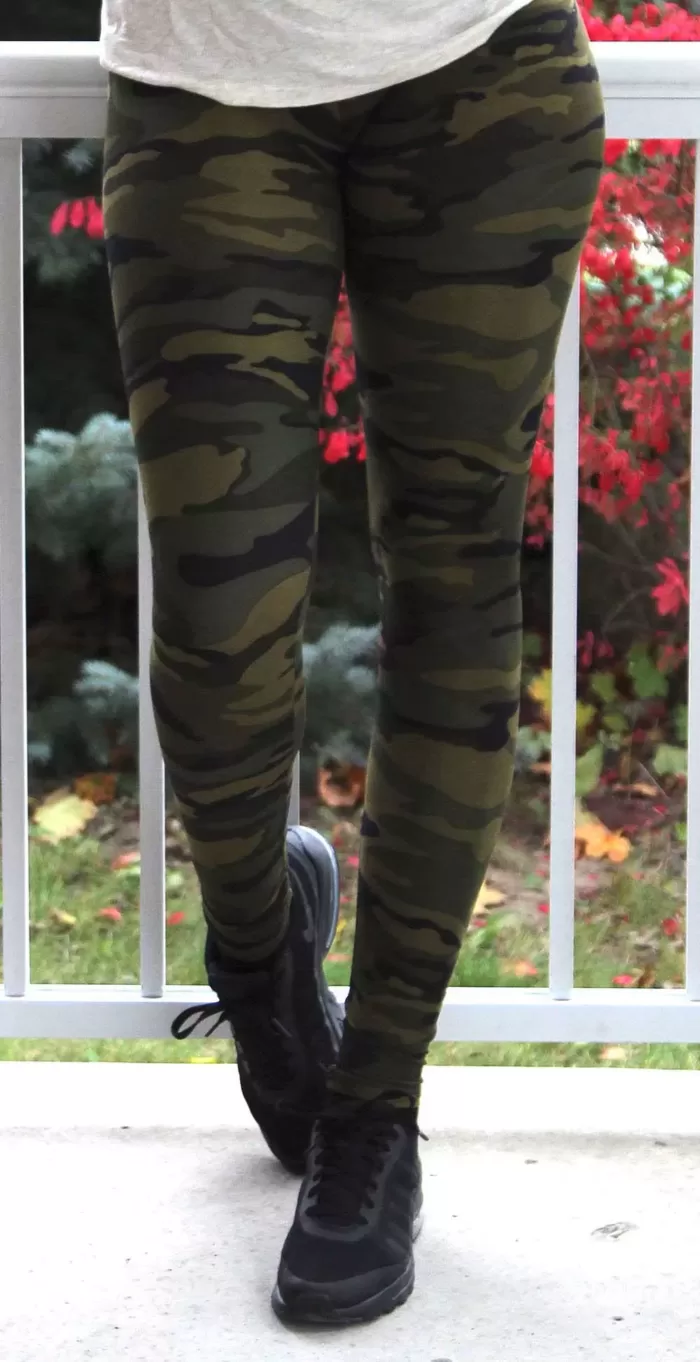 Green Camouflage Print Leggings Womens High Waisted