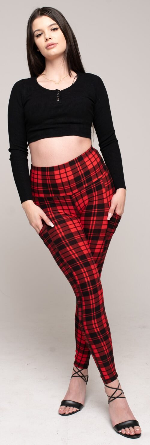 Red Plaid Womens Leggings with Pockets
